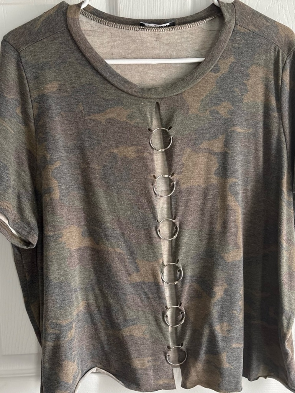 Fashion Nova Olive & Brown Camo Short Sleeve Ring-Front Tee